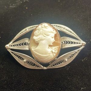 Vintage Stanco Filigree Sterling Cameo Brooch Pin
